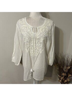 NWT Jones New York Women Ivory 3/4 Sleeve Tunic Top Embroidered Tie V-neck Sz L